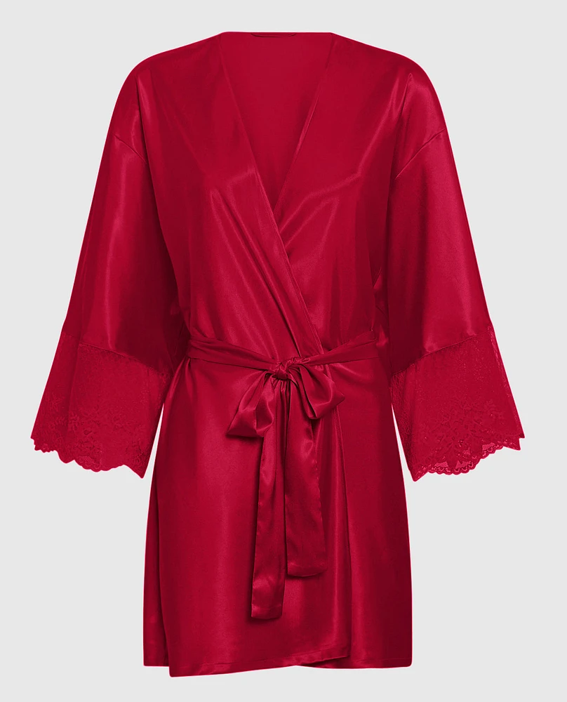 Satin Robe with Lace Trim Sleeve