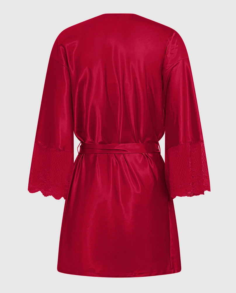 Satin Robe with Lace Trim Sleeve Cosmo Red