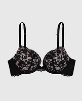 Soutien-gorge pigeonnant en dentelle noir et rose