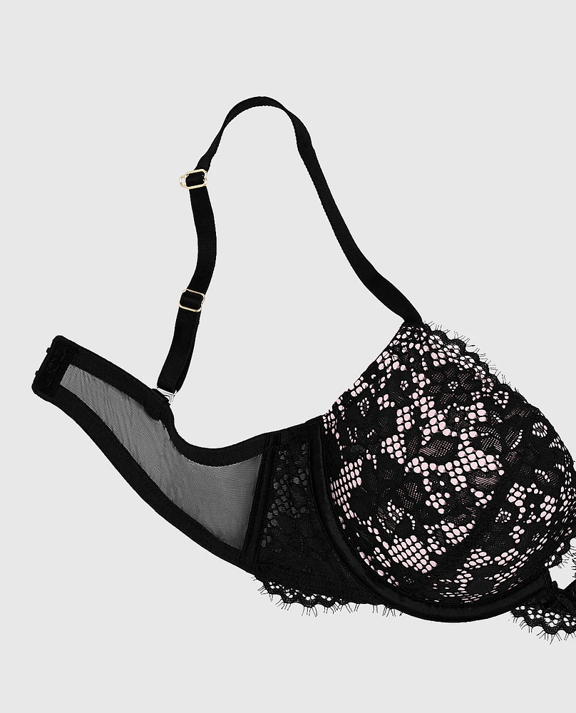 Soutien-gorge pigeonnant en dentelle noir et rose