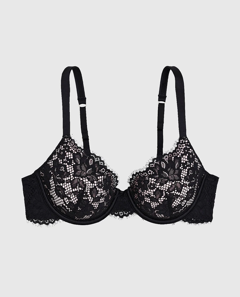 Lightly Lined Lace Full Coverage Bra Black and Pink