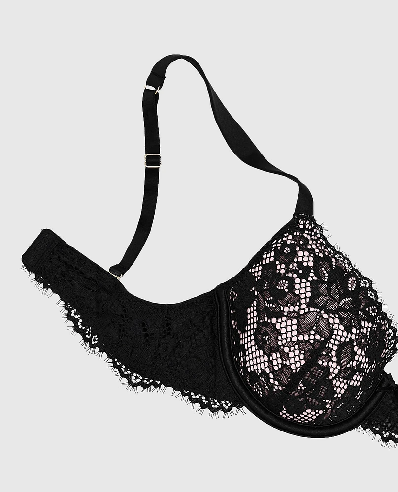 Lightly Lined Lace Full Coverage Bra Black and Pink