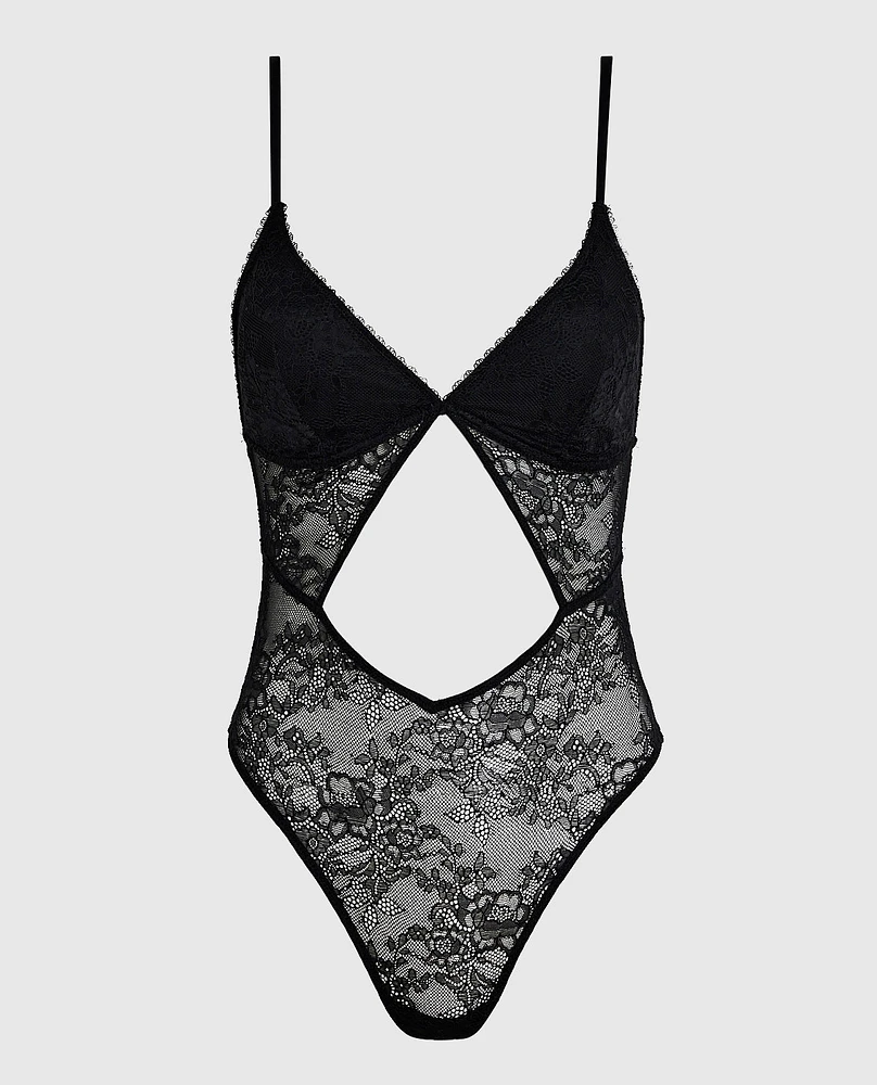 Unlined Lace Bodysuit with Cutout Black