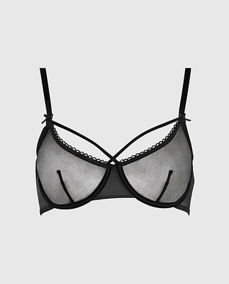 Unlined Mesh Bra with Picot Trim Black