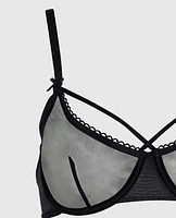 Unlined Mesh Bra with Picot Trim Black