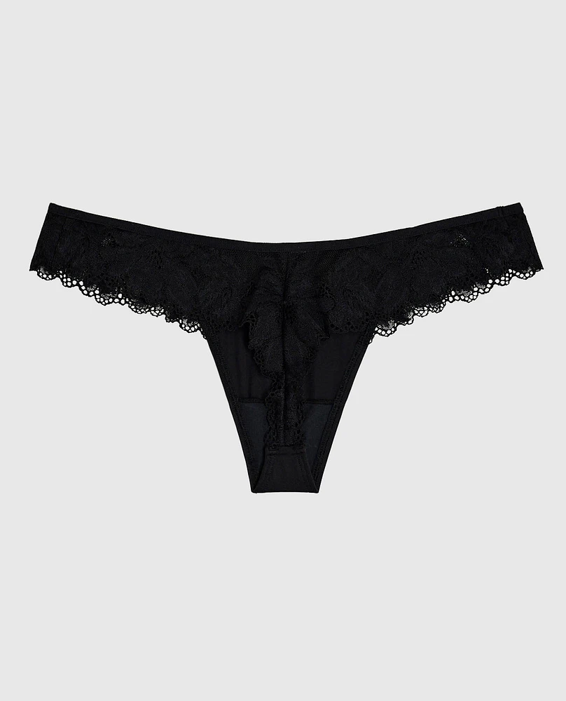 Tanga à jambe échancrée en dentelle noir