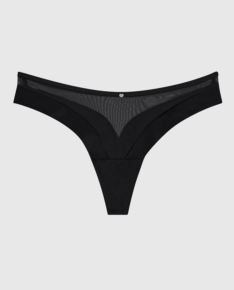 Mesh High Leg Thong Black