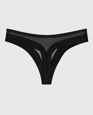 Mesh High Leg Thong Black