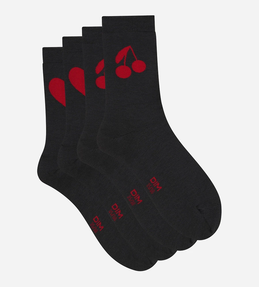Crew Socks with Heart and Cherry Dark Grey