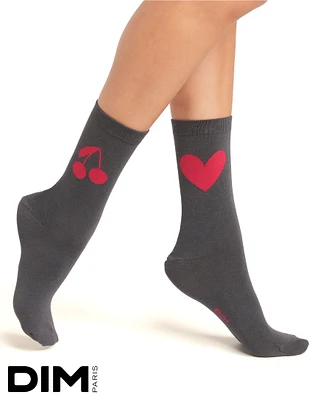 Crew Socks with Heart and Cherry Dark Grey