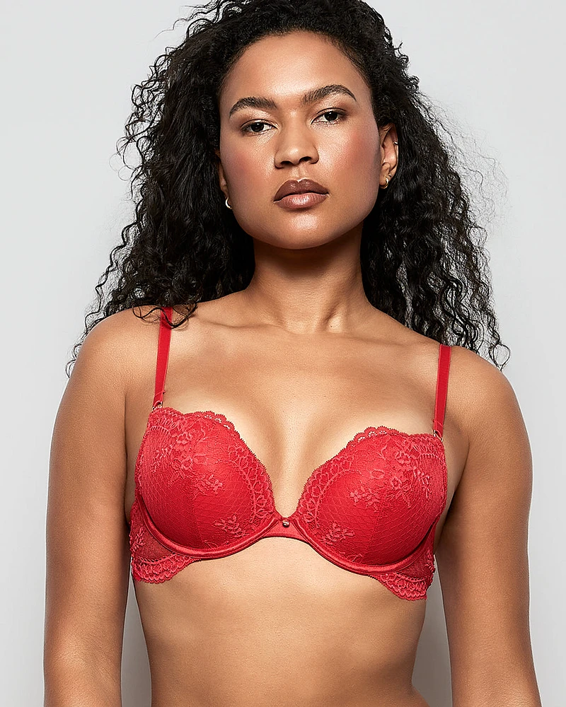 Soutien-gorge pigeonnant tout en dentelle rouge cosmo