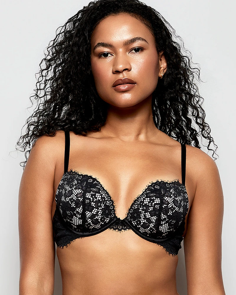 Soutien-gorge pigeonnant en dentelle noir et rose