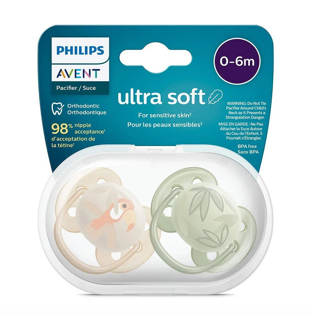 Ultra Soft Pacifier 0-6m Toucan / Green Leaves 2-pack