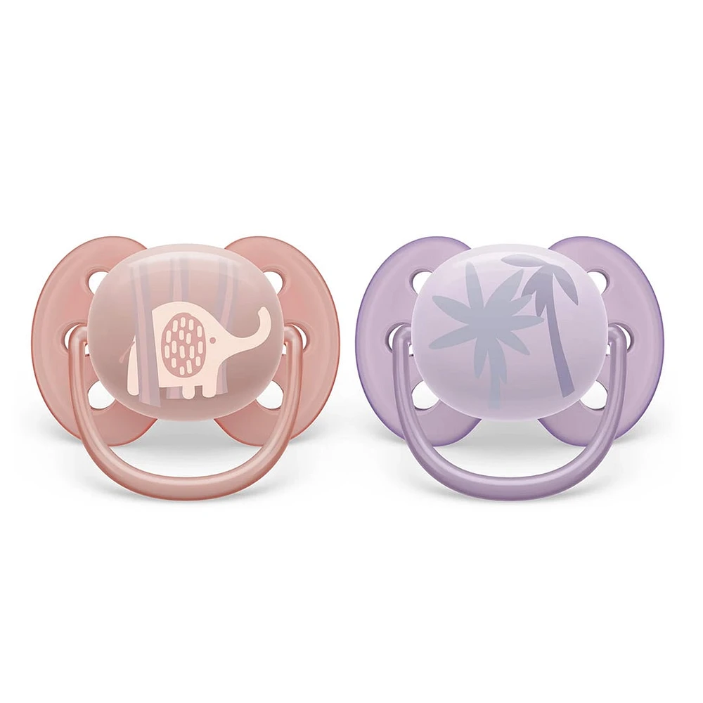 Ultra Soft Pacifier 0-6m Lychee Elephant / Lilac Palms 2-pack