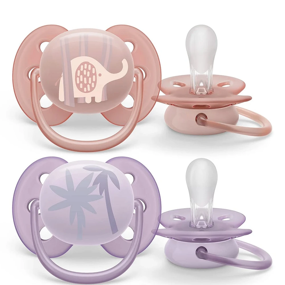 Ultra Soft Pacifier 0-6m Lychee Elephant / Lilac Palms 2-pack