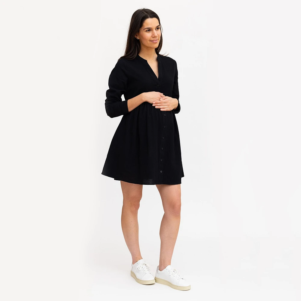Robe Boutons Mélange Lin Noire