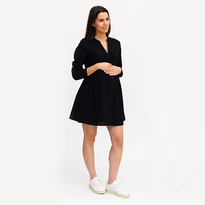 Robe Boutons Mélange Lin Noire
