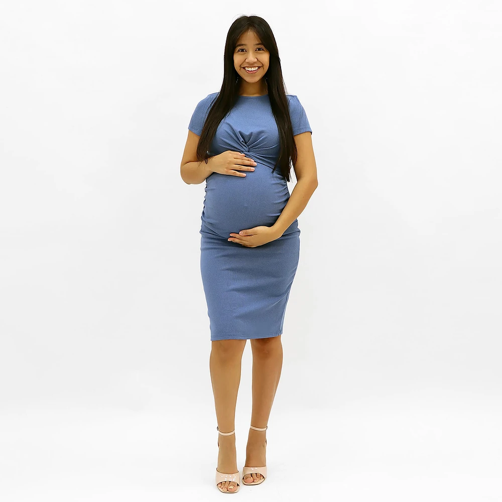 Blue Front Knot Rib Dress