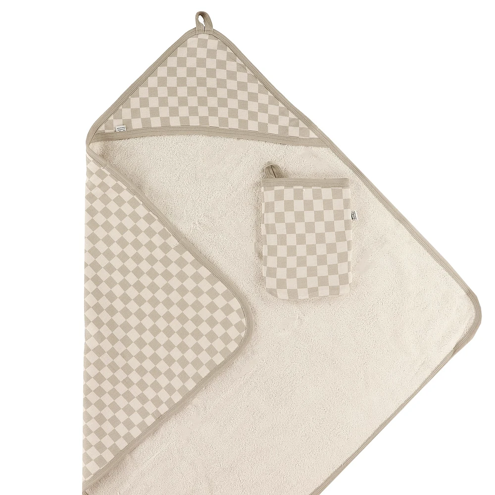 Hooded Bath Towel and Wash Mitt - Plaid