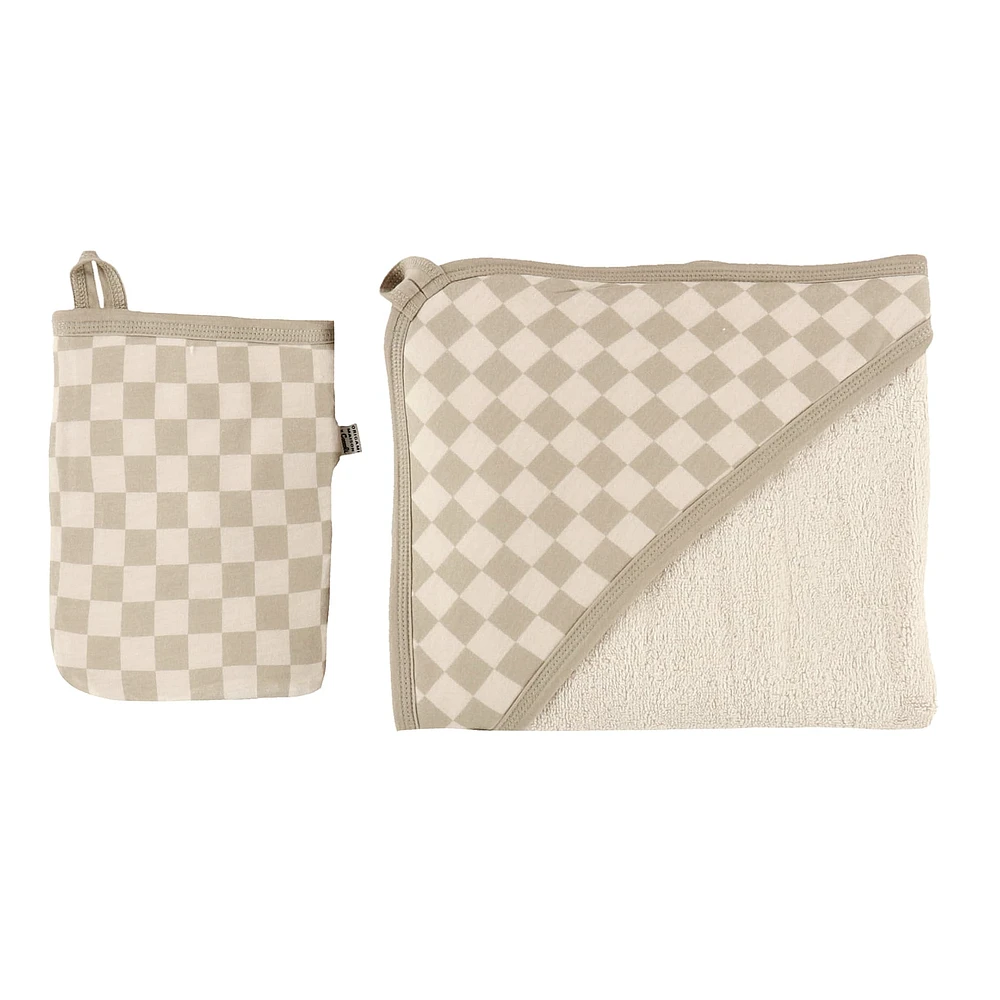 Hooded Bath Towel and Wash Mitt - Plaid