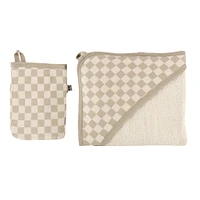 Hooded Bath Towel and Wash Mitt - Plaid