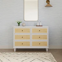 Commode 6 Tiroirs Marin - Blanc Chaud et Rotin