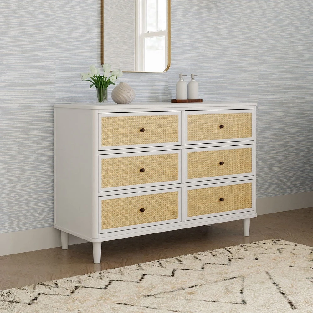 Commode 6 Tiroirs Marin - Blanc Chaud et Rotin