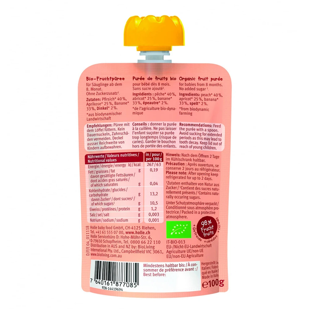 Purée Bio - Panda Peach - Pêche, Apricot, Banane avec Épeautre (À partir de 8 mois)