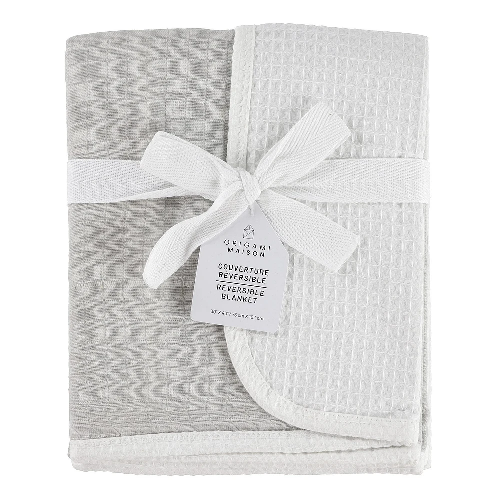 Reversible Muslin Waffle Blanket - Grey / White