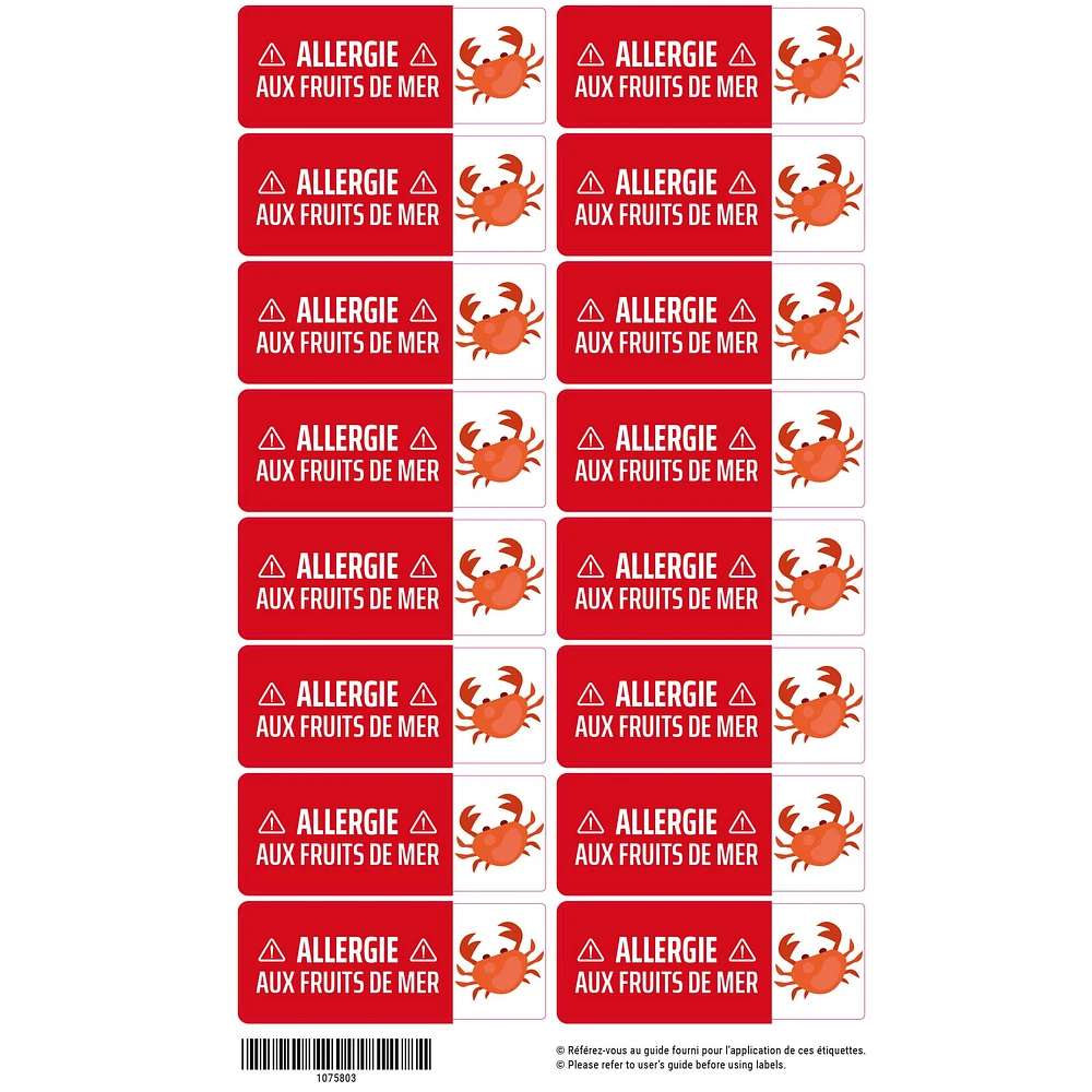 Étiquettes Allergie - Fruits de mer