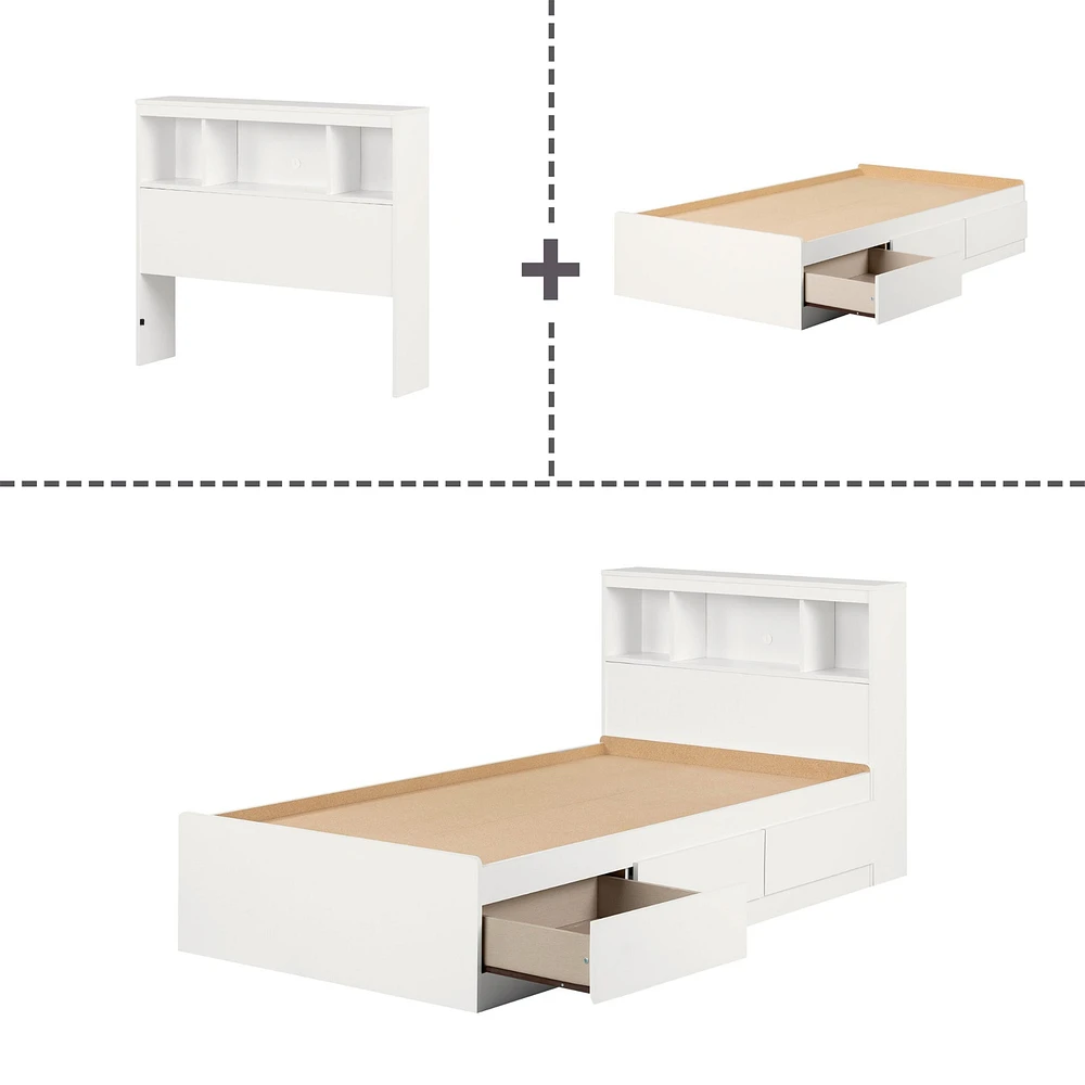 Ensemble Lit Simple Matelot avec tête de Lit bibliothèque - Reevo Blanc solide