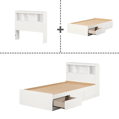 Ensemble Lit Simple Matelot avec tête de Lit bibliothèque - Reevo Blanc solide