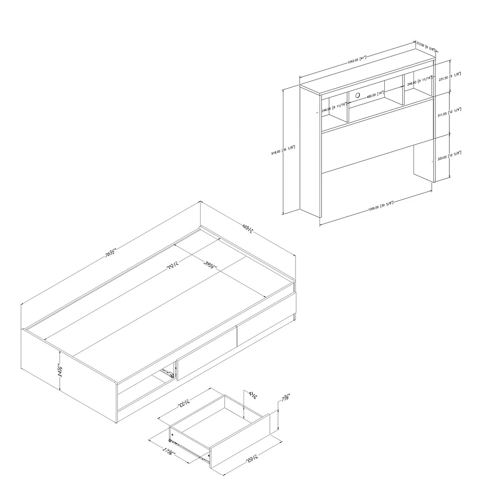 Ensemble Lit Simple Matelot avec tête de Lit bibliothèque - Reevo Blanc solide