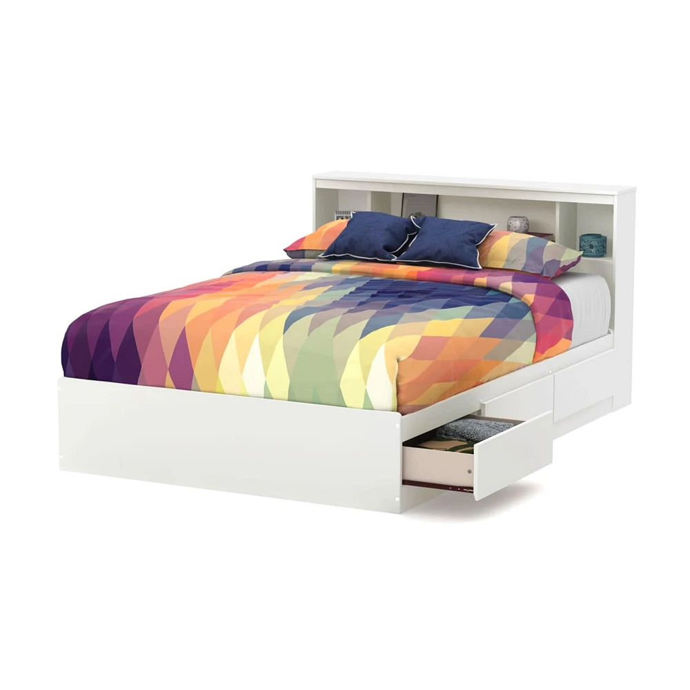 Ensemble Lit Double Matelot avec tête de Lit bibliothèque - Reevo Blanc solide