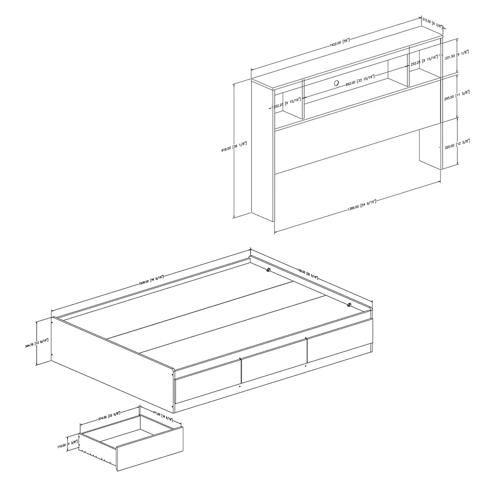 Ensemble Lit Double Matelot avec tête de Lit bibliothèque - Reevo Blanc solide