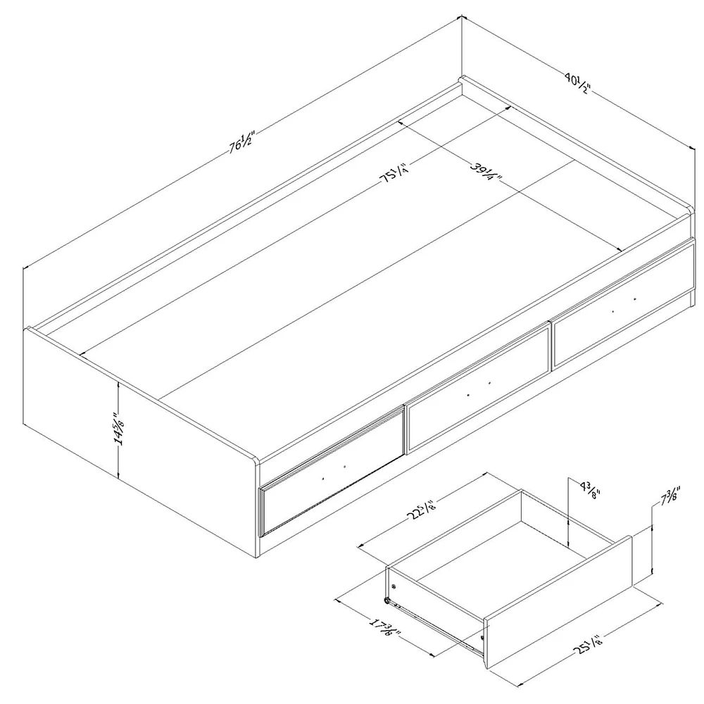 Fynn Twin Mates Bed with 3 Drawers - Winter Oak