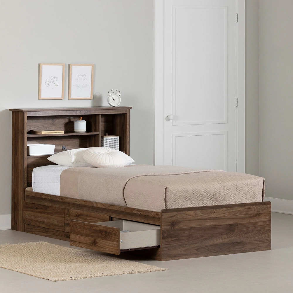 Twin Bed and Headboard Set - Yodi Natural Walnut
