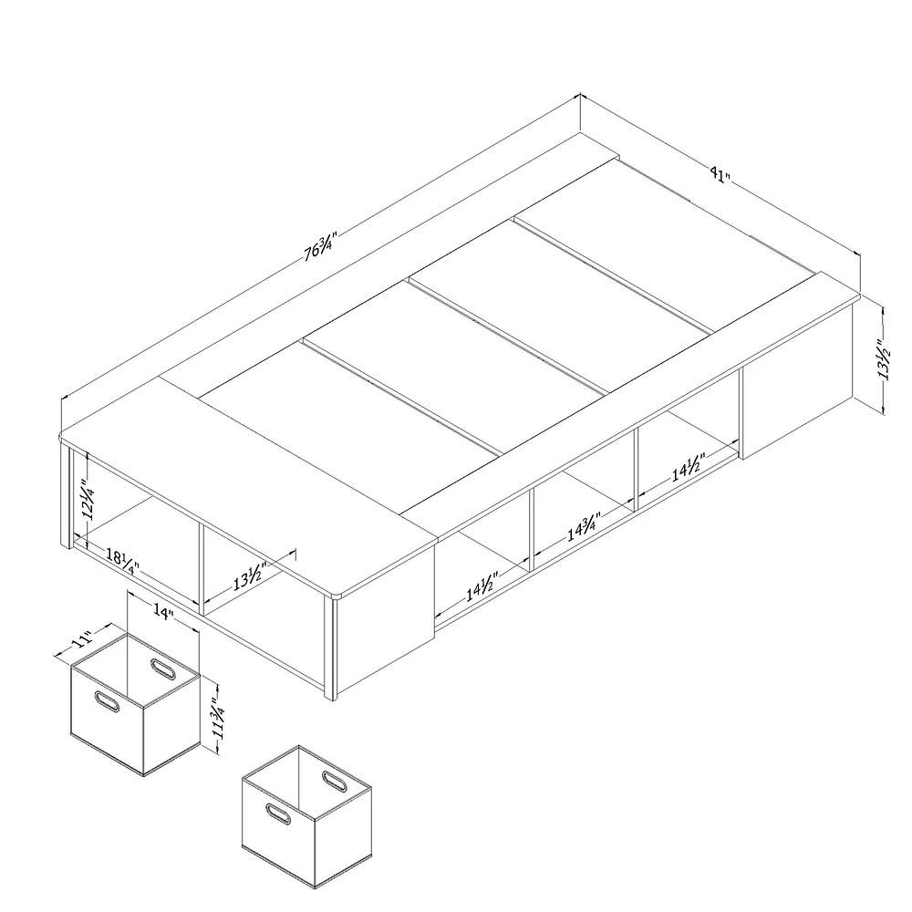 Lit Simple avec paniers de rangement - Avilla Chêne blanchi