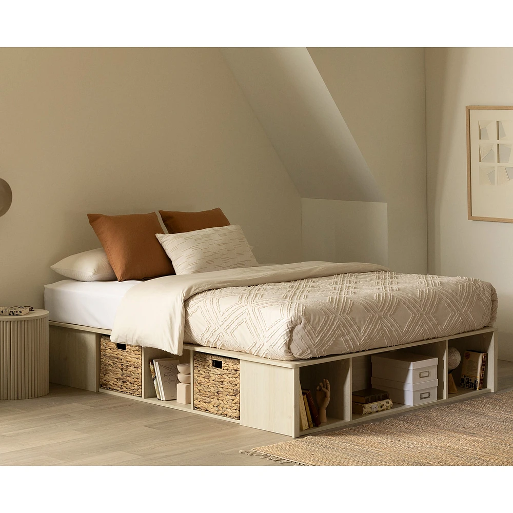Lit Double avec paniers de rangement - Avilla Chêne blanchi