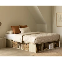 Lit Double avec paniers de rangement - Avilla Chêne blanchi