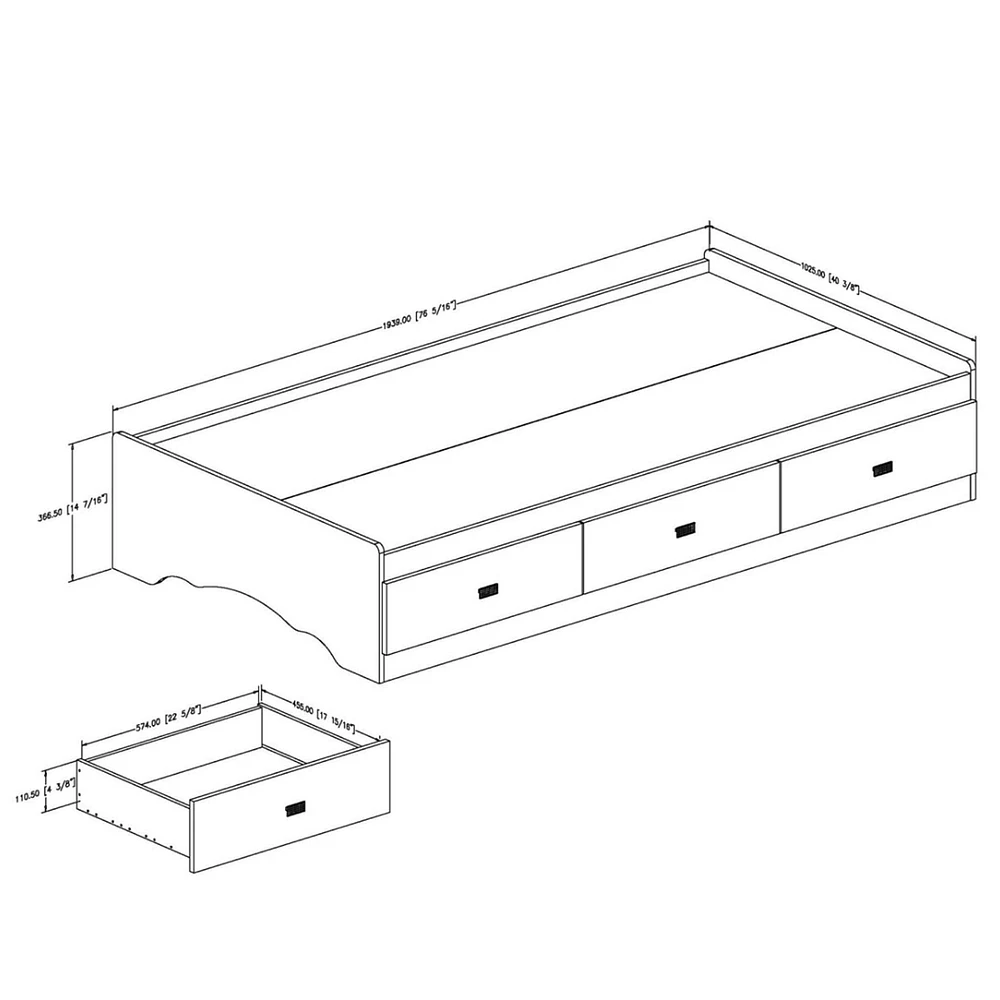 Tiara Twin Mates Bed with 3 Drawers - Pure White