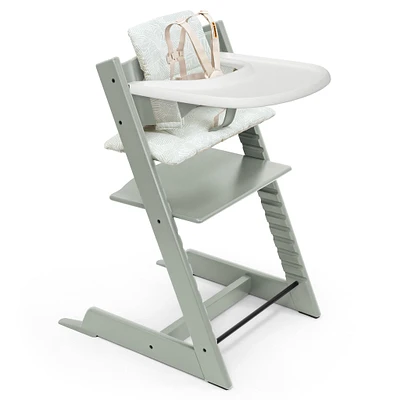 Tripp Trapp High Chair V2 Glacier Green, Mosaic Green Cushion and Strokke Whithe Tray