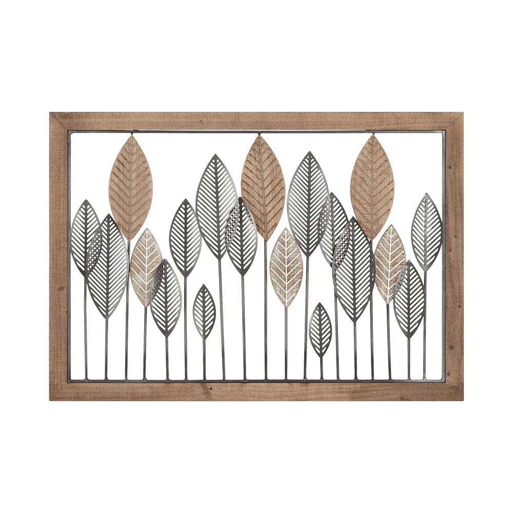 Framed Metal and Wood Leaves Wall Art