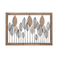 Framed Metal and Wood Leaves Wall Art