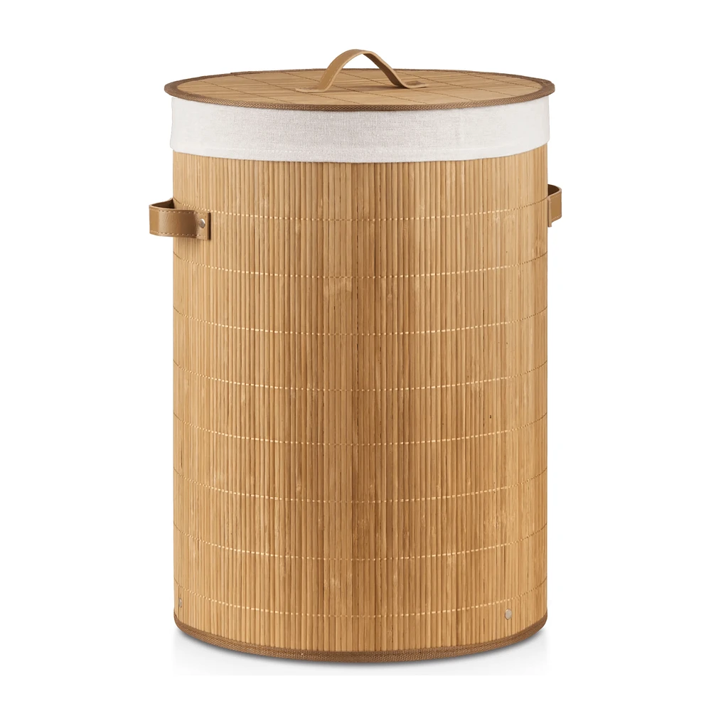Round Bamboo Hamper with Lining and Faux Leather Handles