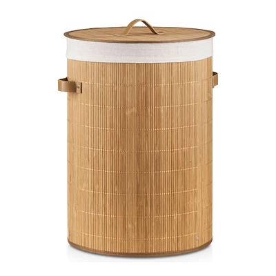 Round Bamboo Hamper with Lining and Faux Leather Handles