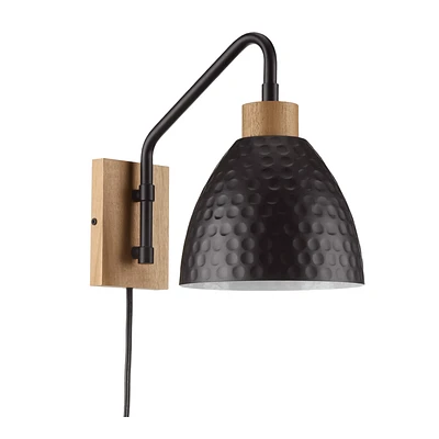 Hammered Black Metal &  Wood Wall Sconce