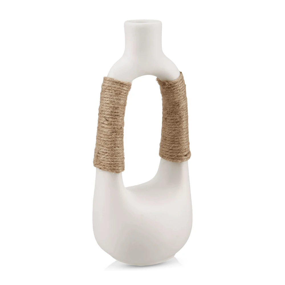 White Ceramic Oval Vase with Rope on Handles