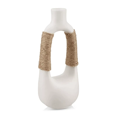 White Ceramic Oval Vase with Rope on Handles