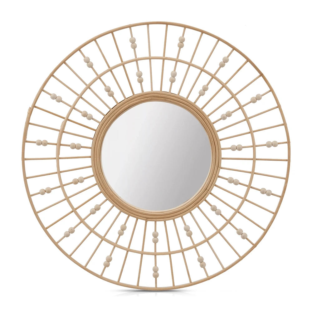 Round Natural Fiber Bead Mirror